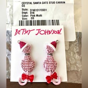 NWT Betsey Johnson Crystal Santa Cats Stud Earrings